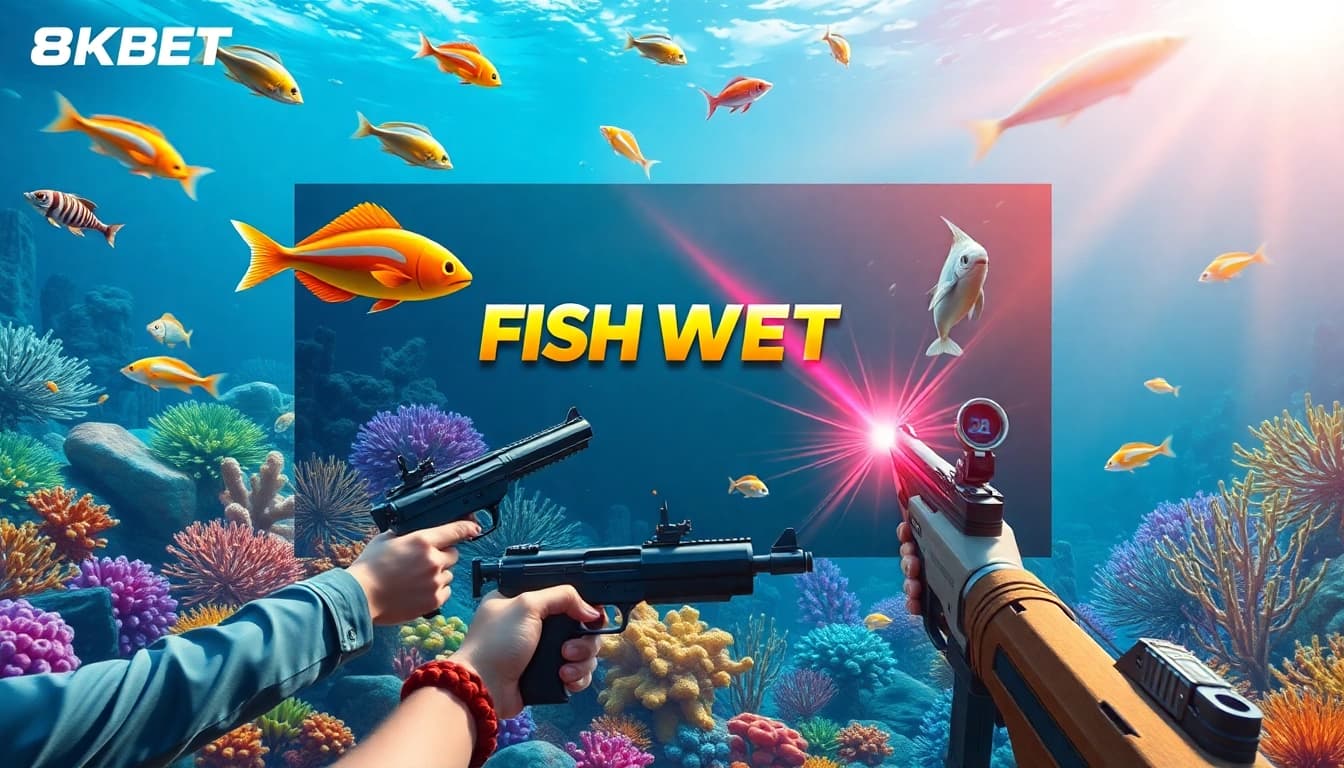 Bắn cá 8KBET showcases an exciting underwater game action with vibrant marine life and shooting elements.