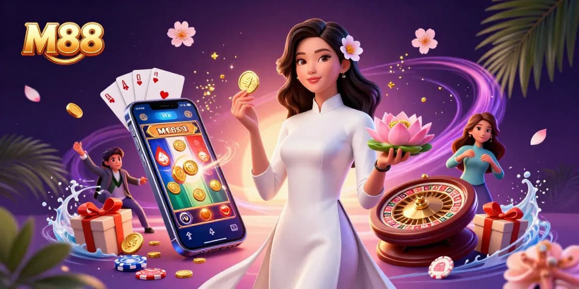 M88 invites players to spin the reels and win golden coins in a dynamic casino scene filled with vibrant energy and charm.