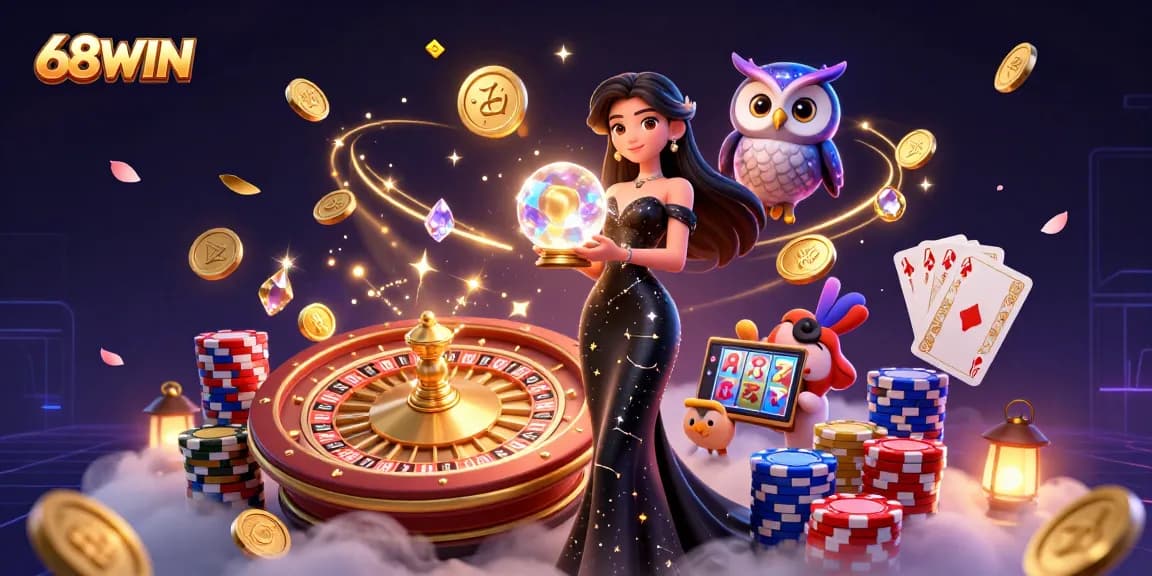 Experience the thrill of winning at 68WIN with vibrant casino elements and a stunning crystal ball scene.