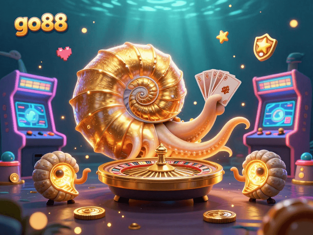 Experience go88's vibrant gaming world with a 3D illustration of winning cards and golden roulette.