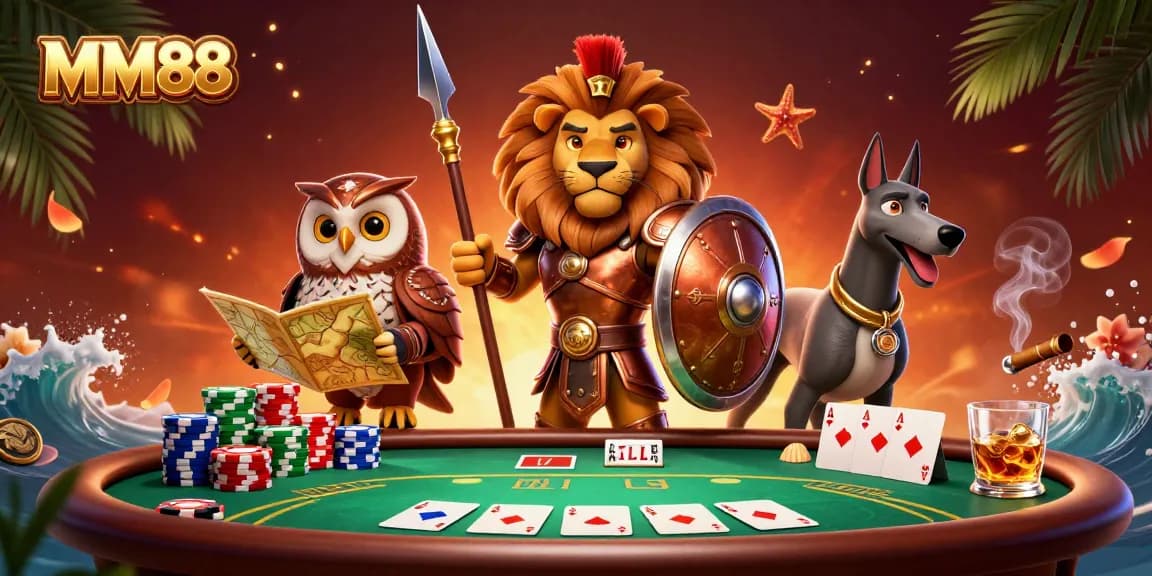 Engage in thrilling gaming action with MM88, featuring a Spartan lion, owl strategist, and swift greyhound.