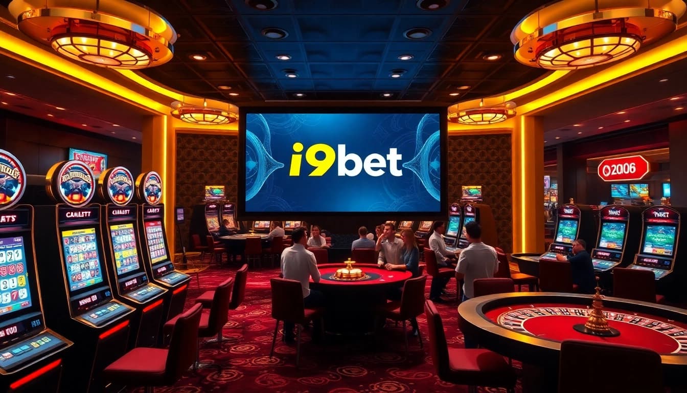i9bet online casino experience with vibrant slot machines and poker tables in a luxurious setting.