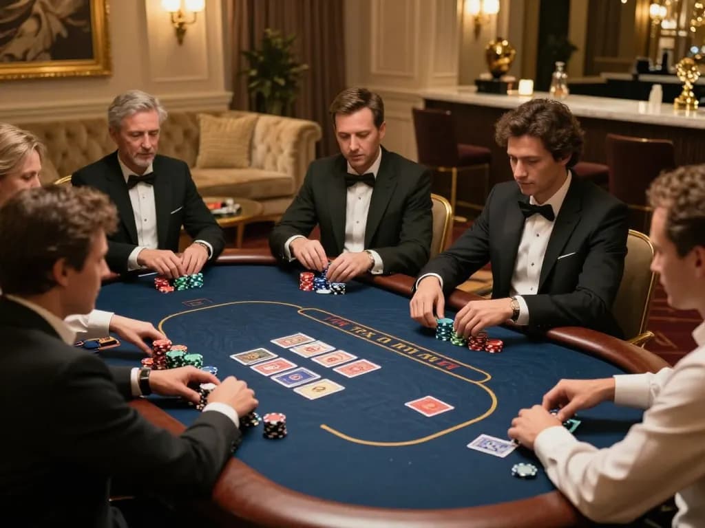 Poker players engaged at a high-stakes game at https://tx88at.com/, showcasing vibrant chips and cards in an upscale setting.