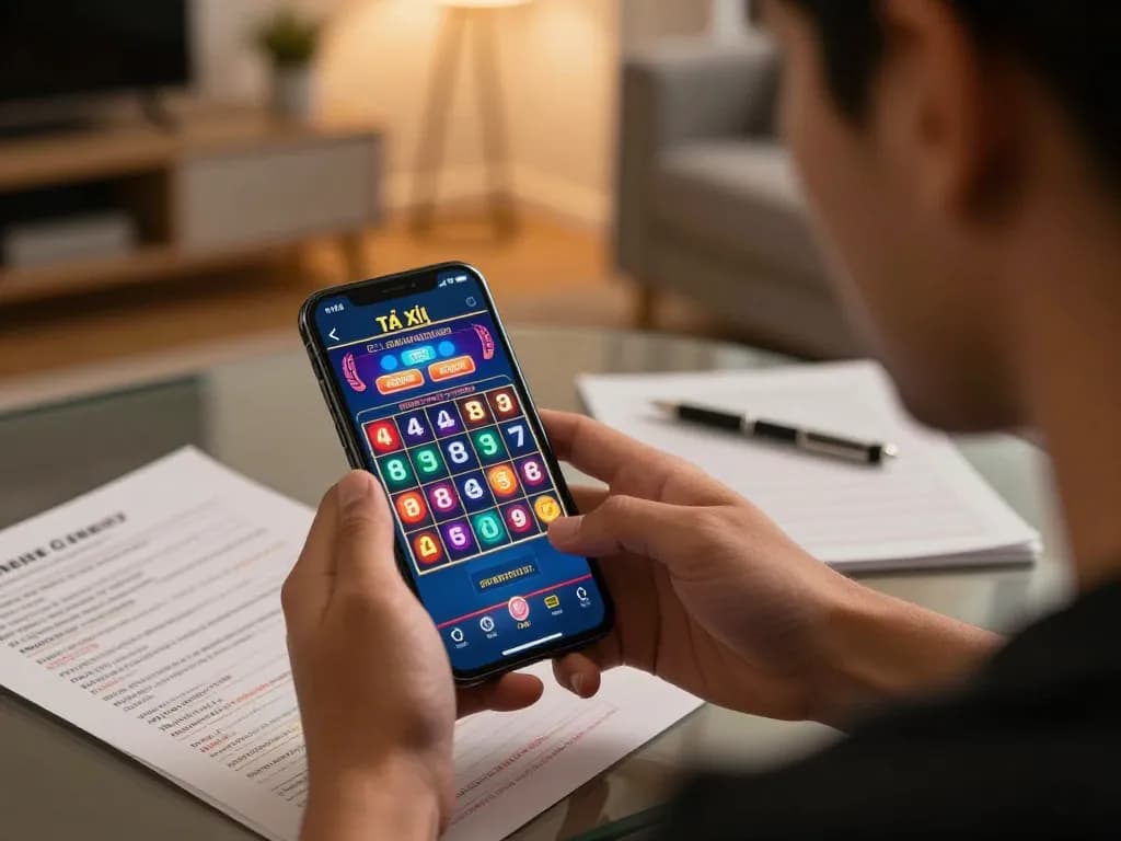 Engaged player focused on tài xỉu game app in a cozy, modern living room, showcasing strategic gaming.
