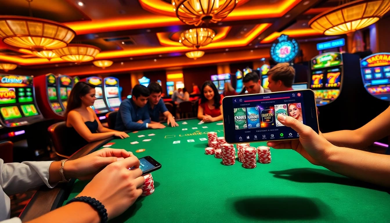 Engage with thrilling casino games at chotruyen, featuring poker tables and vibrant slot machines.
