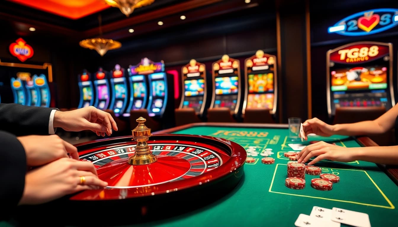 TG88 casino players enthusiastically placing bets at a luxurious gaming table.