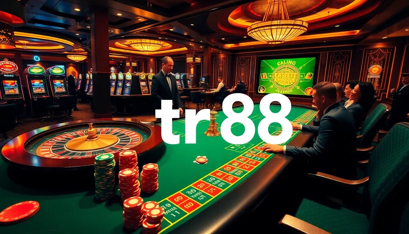 Experience thrilling casino action at tr88 with vibrant slot machines and engaging players at the poker table.