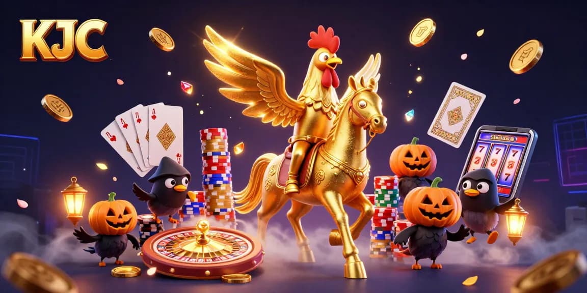 KJC brings thrilling casino excitement as a golden rooster rides through a vibrant midnight casino.