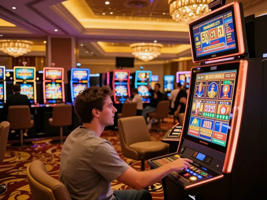 Player enjoying a thrilling moment at the 89bet slot machine, engaging with vibrant graphics and lights.
