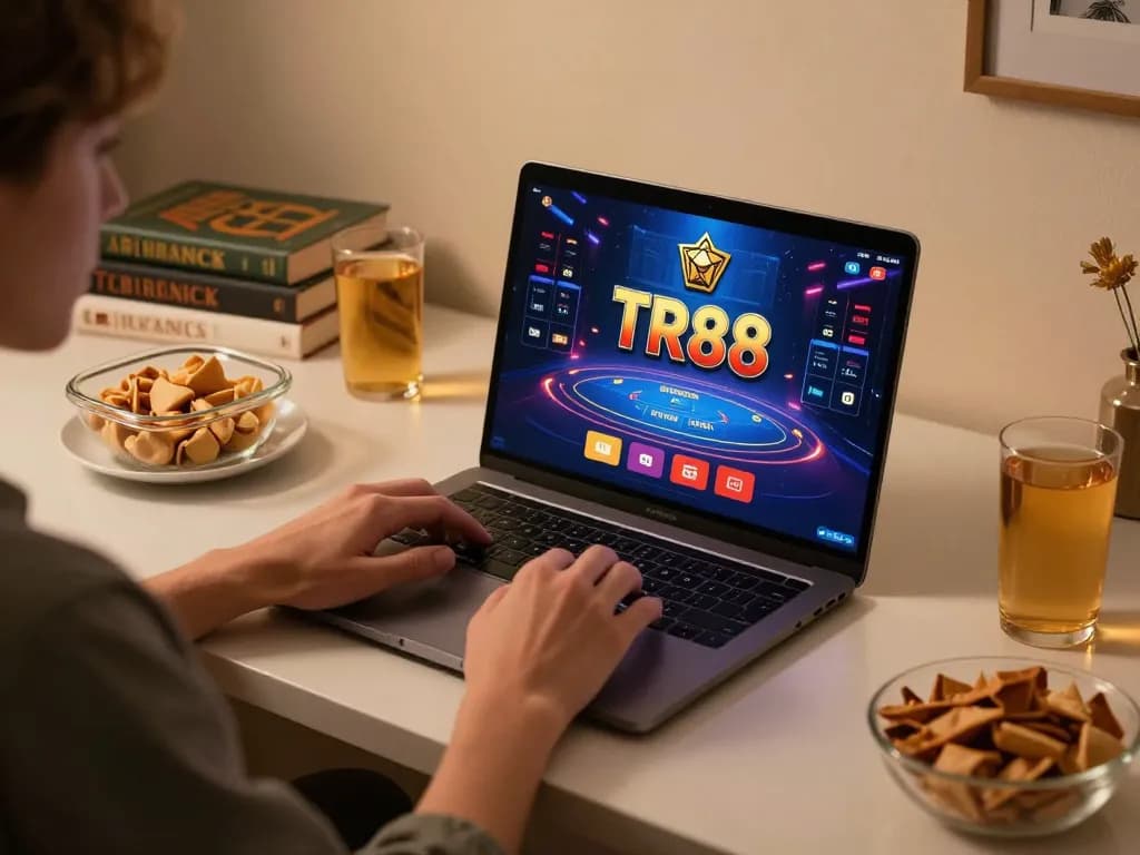 Player enjoying an immersive TR88 online casino experience with snacks and strategy books.