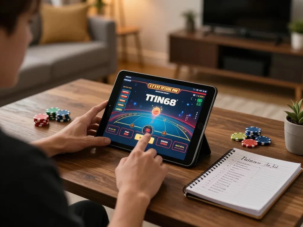 TWIN68 player engaged in online casino gameplay with tablet in cozy home environment