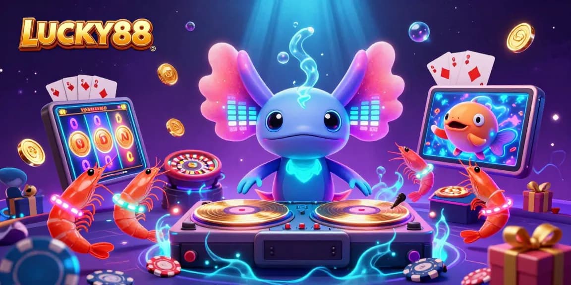 LUCKY88 gaming scene featuring neon-colored axolotl DJ, underwater slot game elements, and vibrant casino action.