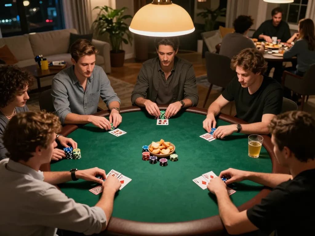 A friendly poker night at home showing players engaging in cards and strategy tại 28BET with vibrant atmosphere.
