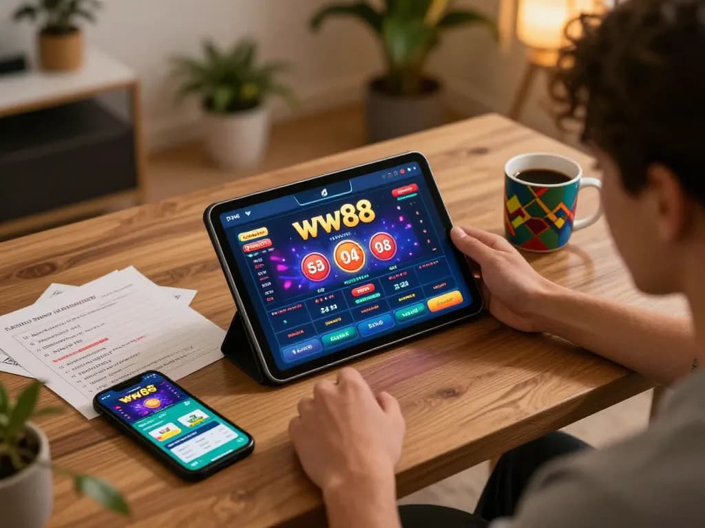 ww88 player immerses in strategic online gaming with tablet and notes in modern setting