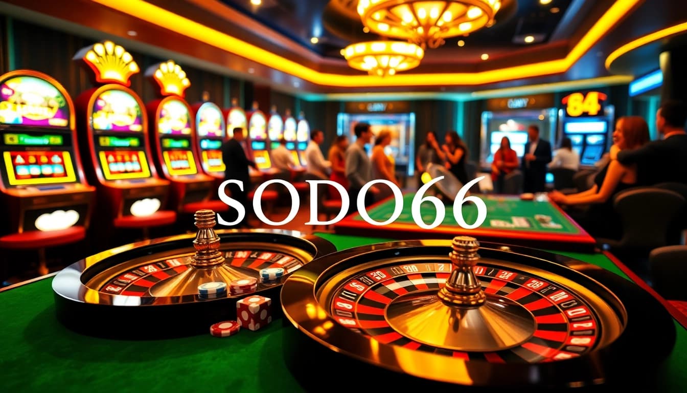 SODO66 gamblers enjoying an exciting game at a vibrant casino table with roulette and poker chips.