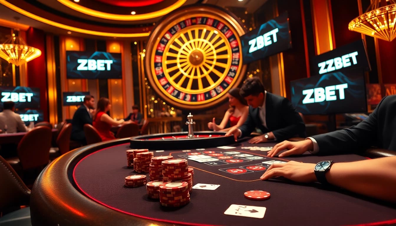 ZBET players engaging with high-stakes poker and roulette in a luxurious casino setting.