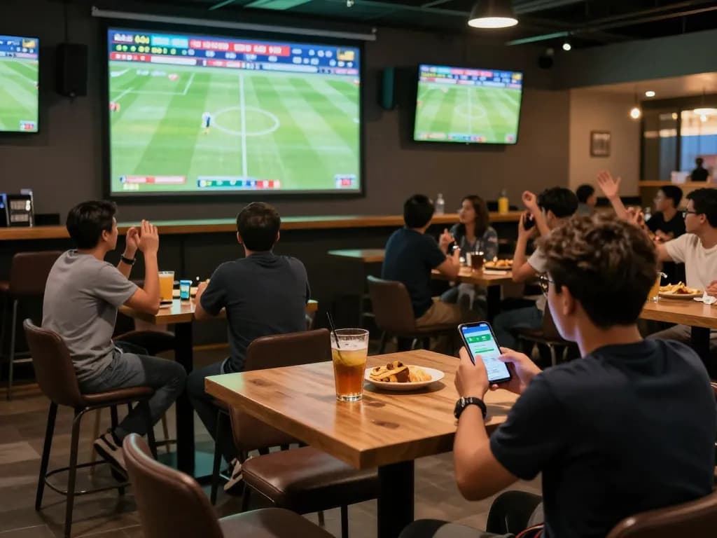 Kèo bóng đá enthusiasts analyzing betting odds in a vibrant sports bar.