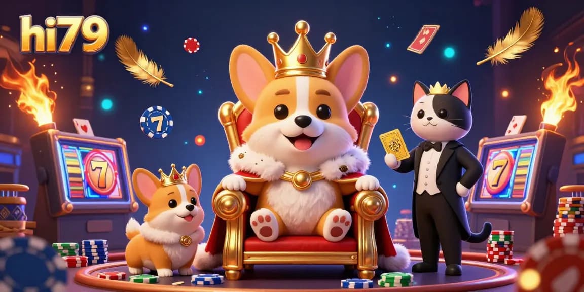 Experience the excitement of hi79 at a casino with a royal corgi, vibrant casino elements, and golden cards!
