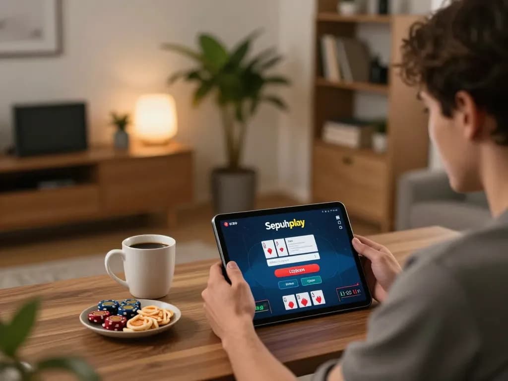 Terlibat dalam login Sepuhplay di tablet, pemain yang fokus menikmati poker online di lingkungan rumah yang nyaman