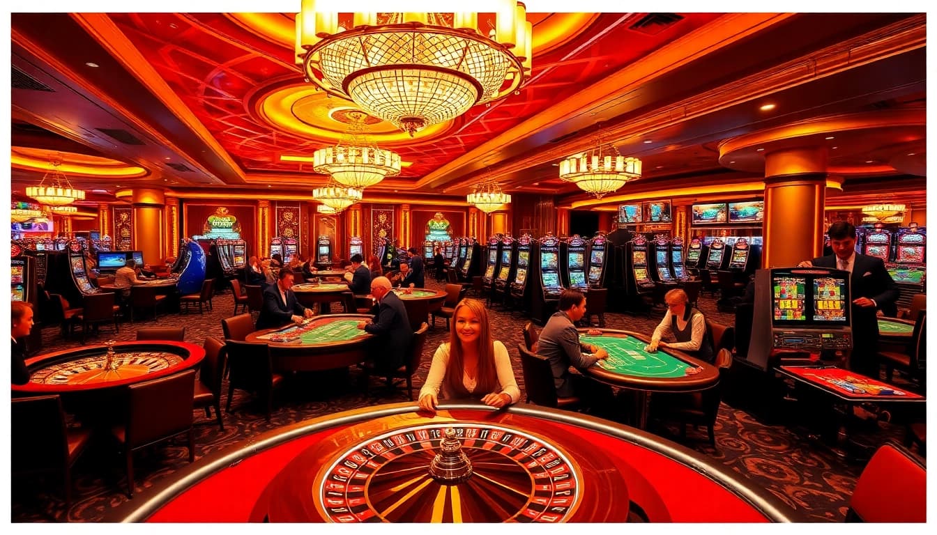 Experience thrilling games at https://nk88zz.bio/, showcasing vibrant casino action with roulette tables and slot machines.