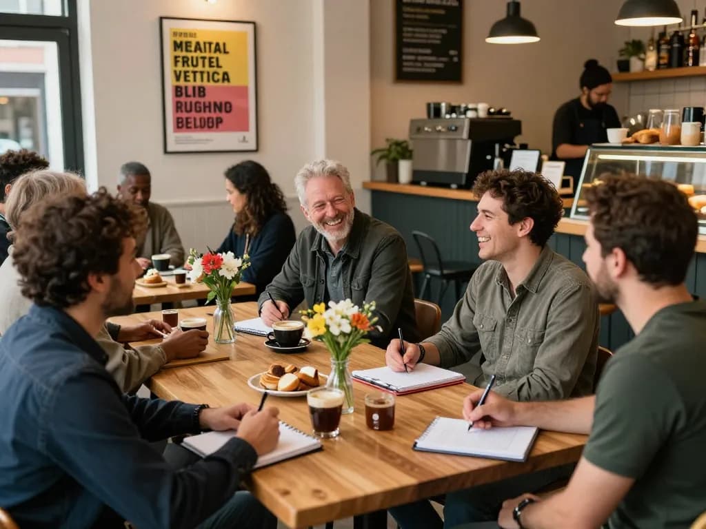 Men's support community gathering at café for manclub, fostering connection and dialogue.