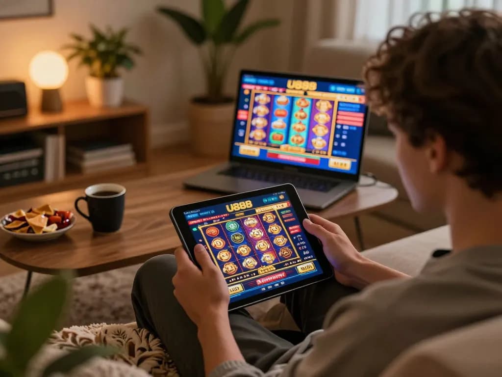 Player engaging with U888 casino app on tablet, showcasing comfortable home gaming environment.