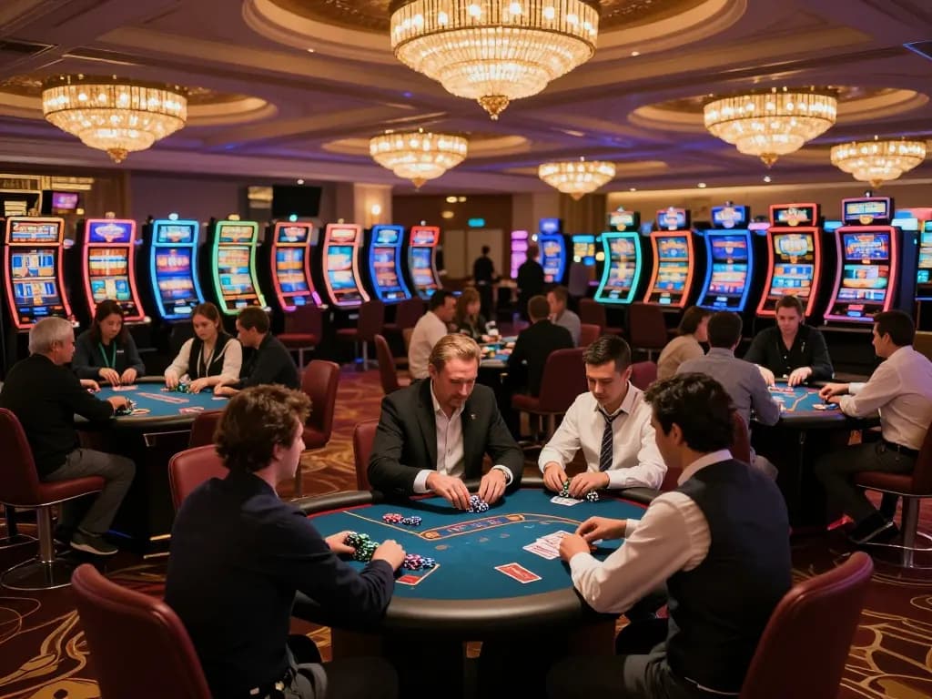Players enjoying games at nhà cái sin88 in an upscale casino setting, vibrant atmosphere with colorful lights