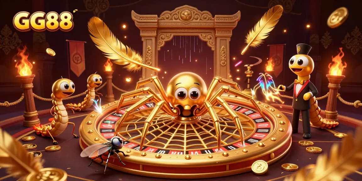 Engage with GG88 in a vibrant casino scene as a fly takes a bet at a roulette table spun by a golden spider.