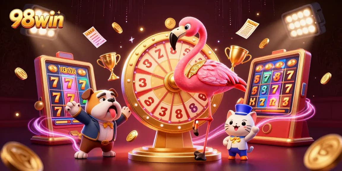 Engaging 98win casino illustration with flamingo game show host, bulldog contestant, and dynamic slot elements.