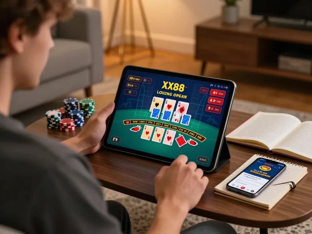 Player using XX88 app for live dealer blackjack in a cozy home setting, showcasing responsible gaming.