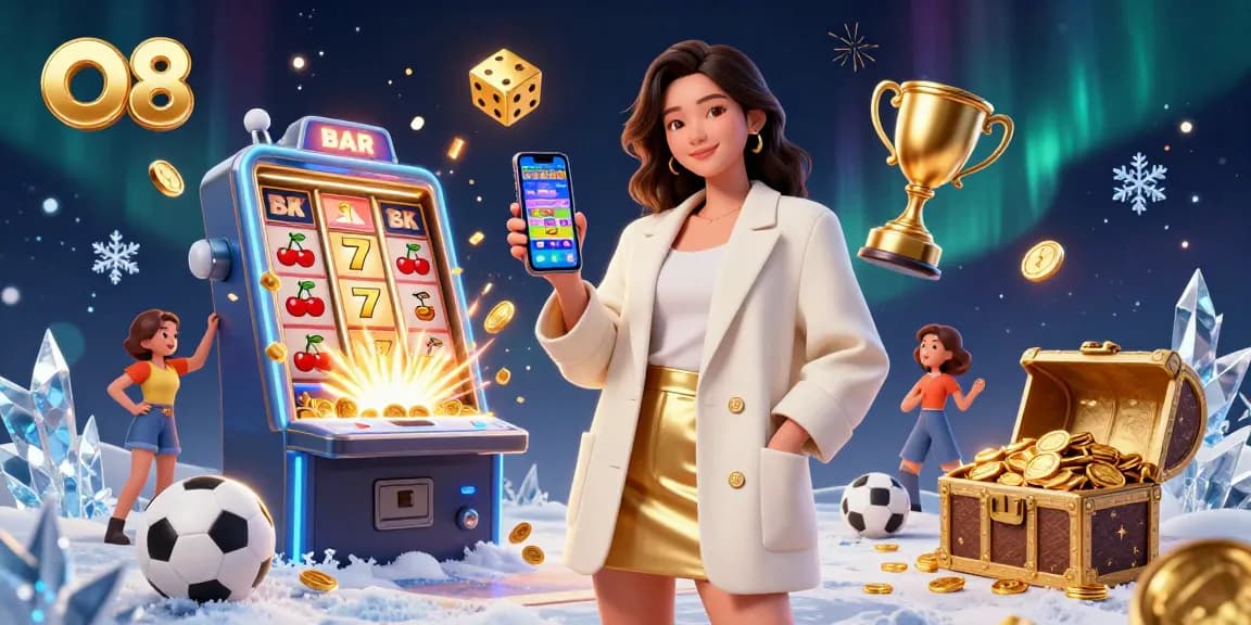 O8 sports betting action featuring a woman holding a smartphone amid a thrilling casino scene.