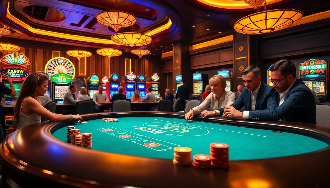 Exciting gaming atmosphere at 888NEW casino, featuring poker chips and roulette wheels in action.