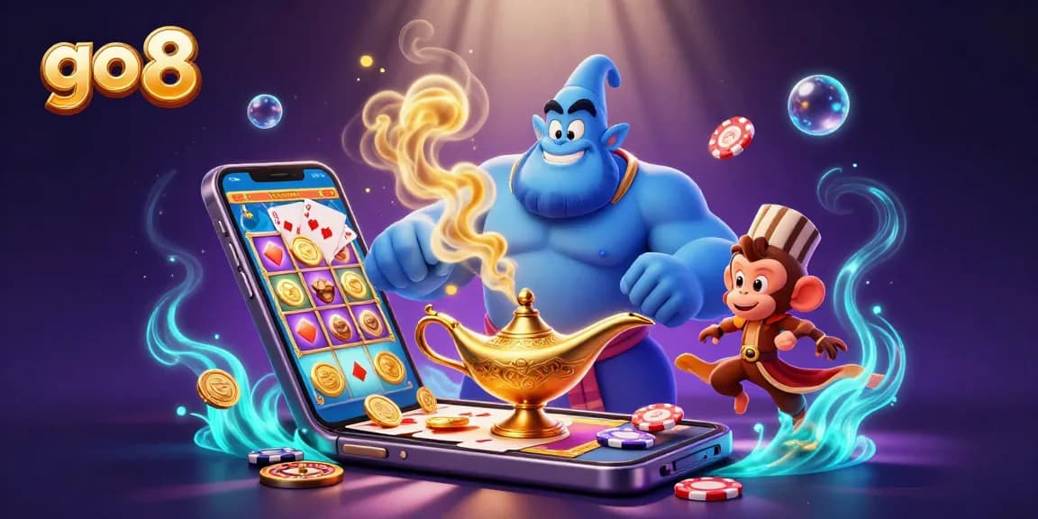 Spin on go 8 with magical genie and vibrant poker chips, enhancing your luck!