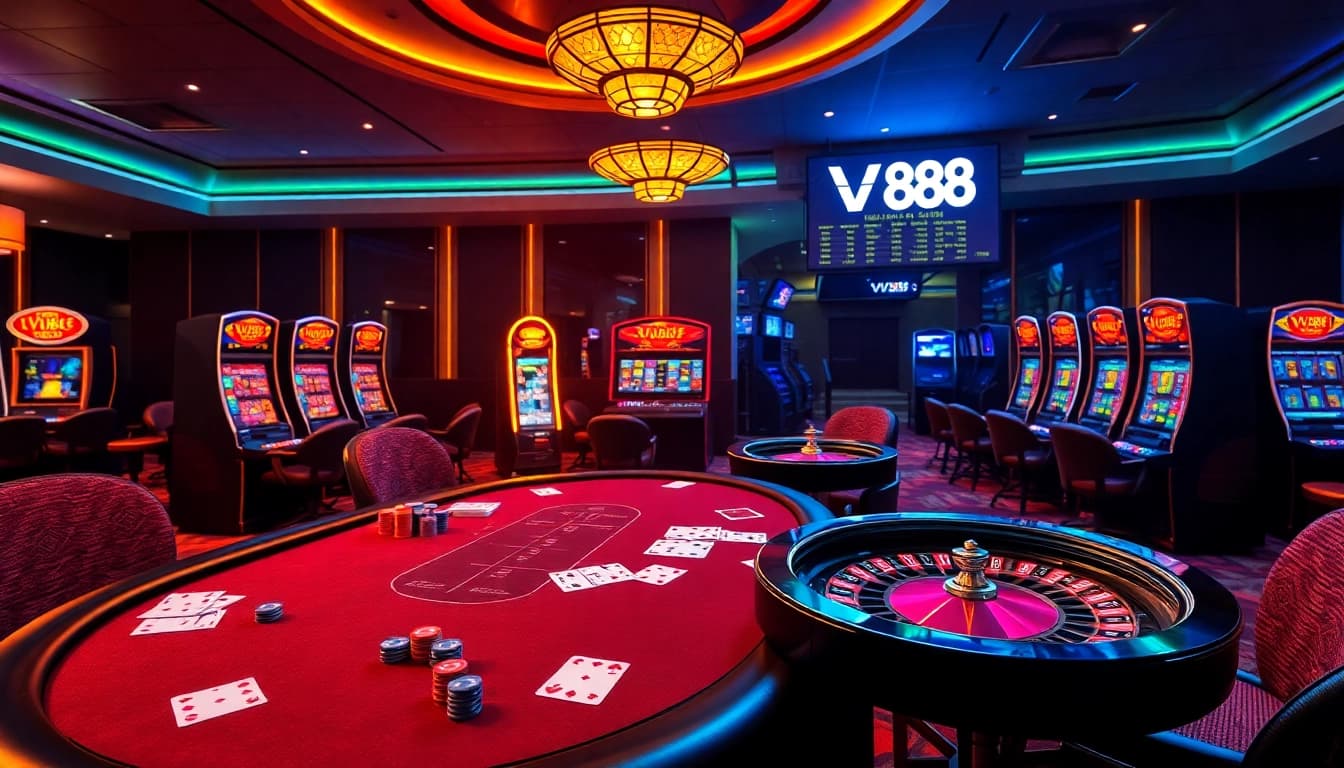 Experience VU88’s vibrant online casino with a luxurious poker table and dynamic slot games.
