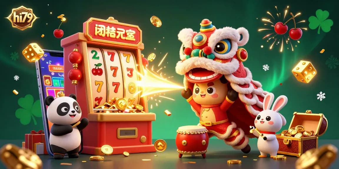 Experience the excitement of hi79's casino games with vibrant 3D illustrations showcasing a lively lion dance and slot machines.