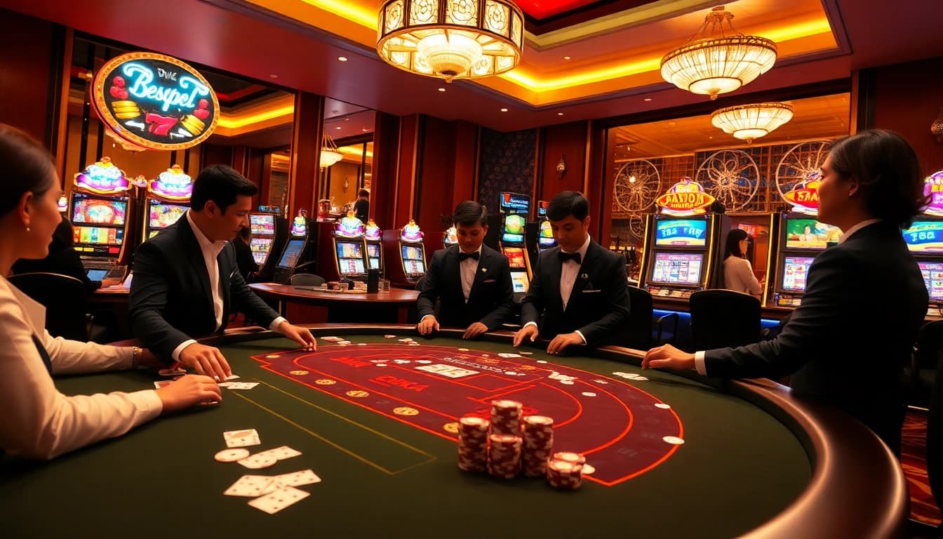 Experience the thrill of gaming at https://bem88.com with vibrant casino elements capturing excitement.