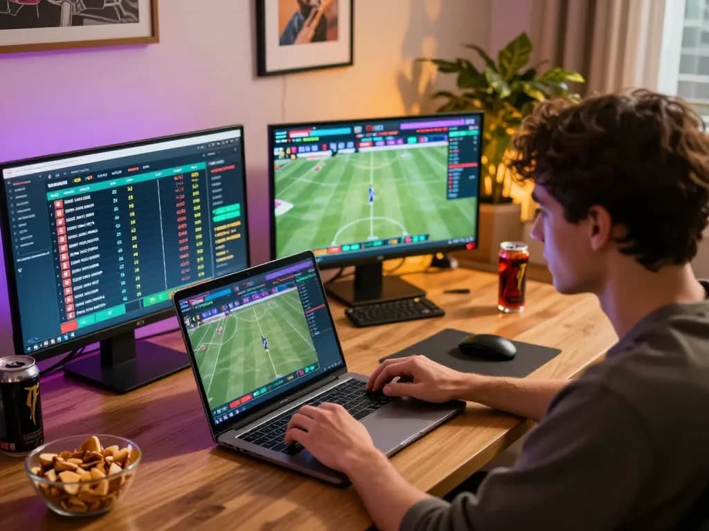 Tỷ lệ kèo nhà cái hôm nay showcased as user engages in online sports betting with vibrant graphics