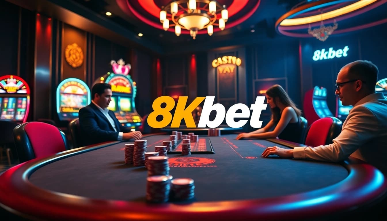 Experience high-stakes excitement at 8kbet with vibrant online casino visuals and luxury elements.