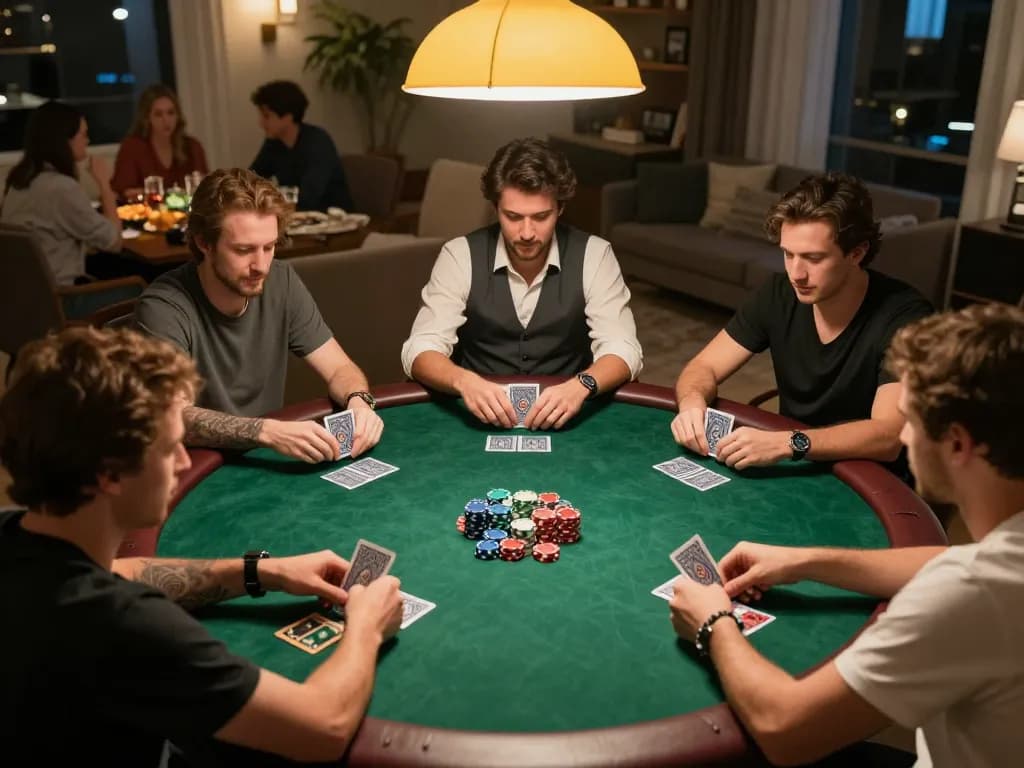 Players enjoy a thrilling poker game at home, showcasing strategy with 555WIN.