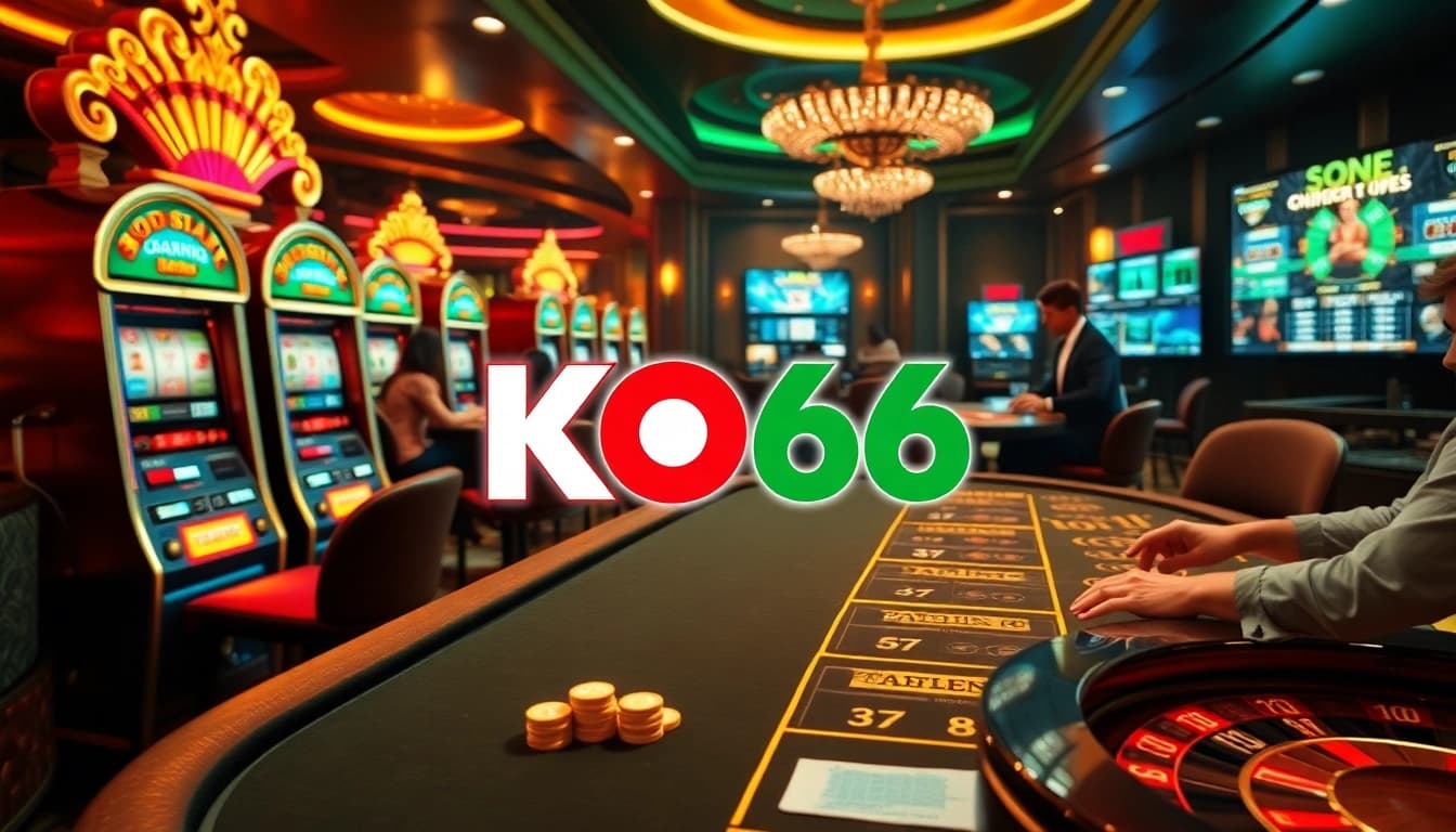 Cảnh sòng bạc đầy kịch tính với logo KO66, trình diễn poker, máy slot, và roulette.