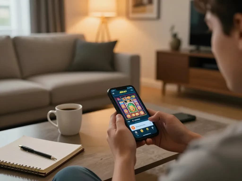 Player engaging with J88vip1 app on smartphone, enjoying a slots game in cozy home setting