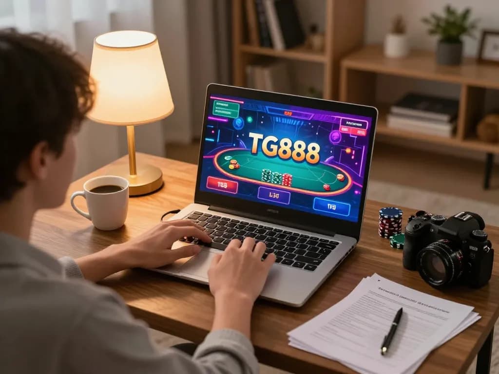TG88 player engaged in an exciting online poker game in a cozy living room, representing responsible gambling.