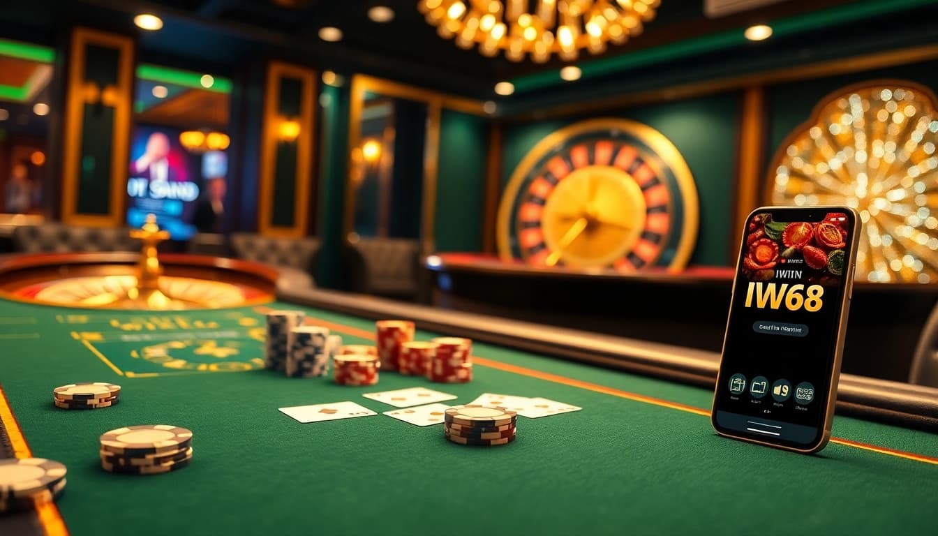 IWIN68 poker table scene showcasing vibrant chips and cards, evoking luxury and excitement.