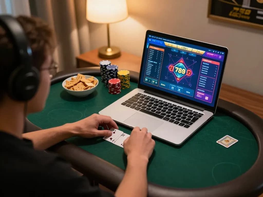 Engaging gameplay on 789club's poker interface during a cozy home gaming session.