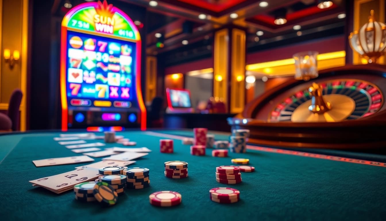 Experience the thrilling atmosphere of Sun Win with cards, chips, and a vibrant casino setting.