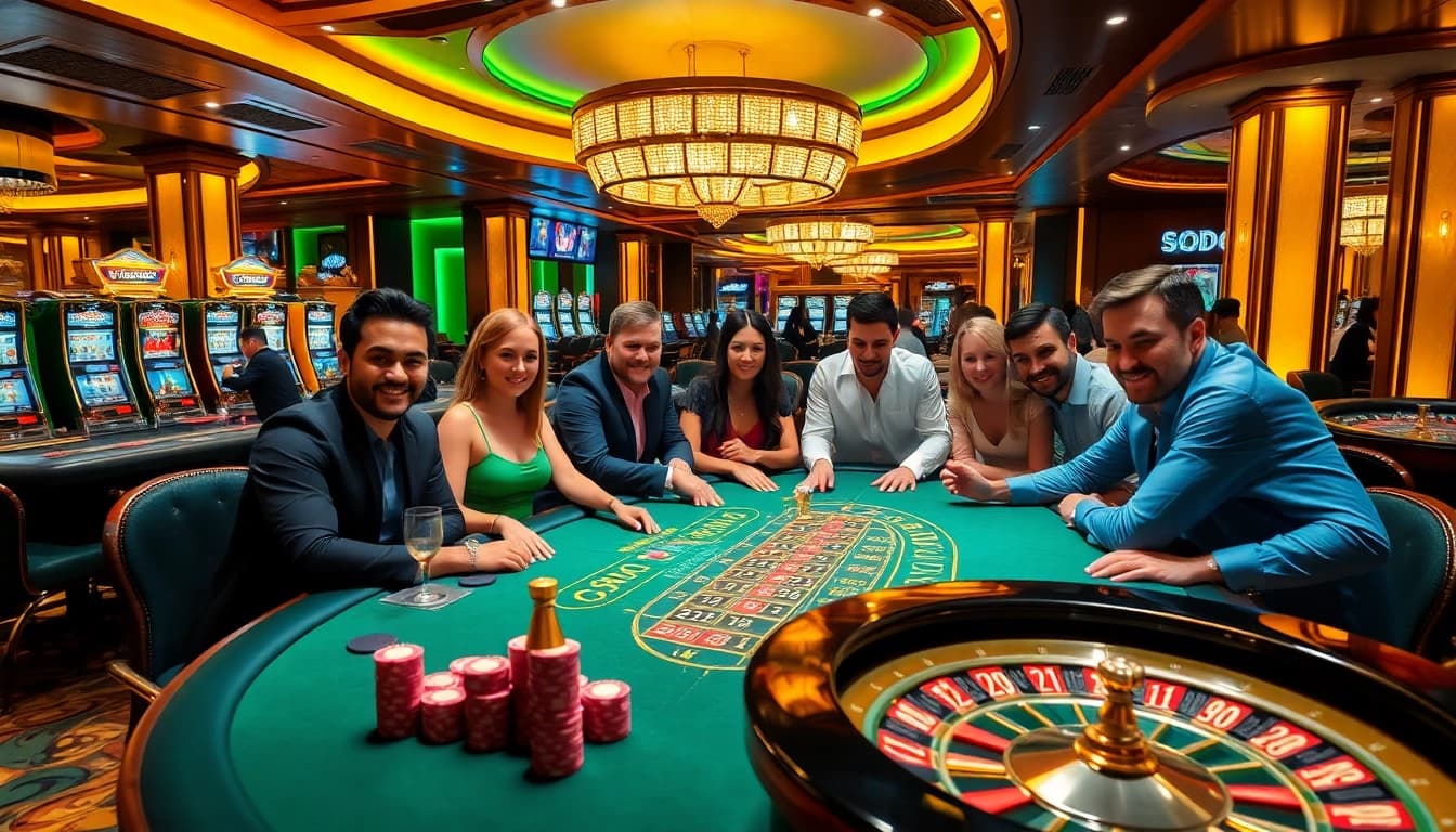 SODO casino scene featuring excited players at blackjack tables and vibrant slot machines.