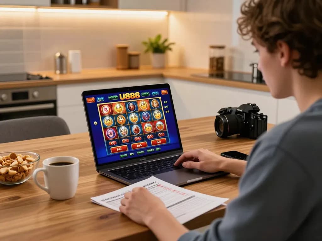 Engaging with U888 online gaming on a laptop, showcasing strategic gameplay.