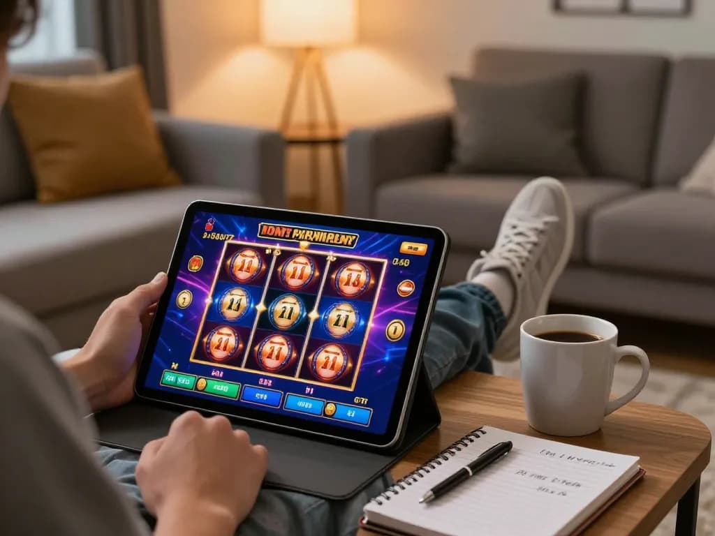 Hitclub player enjoying online slot games on tablet in cozy living room setting.