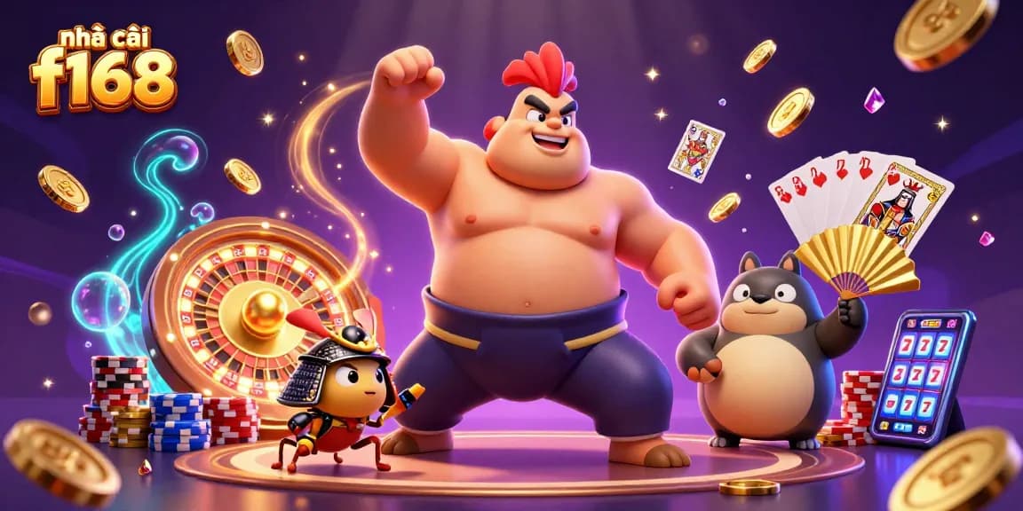 Experience the excitement of nhà cái f168 with a dynamic 3D gaming illustration showcasing vibrant casino elements.