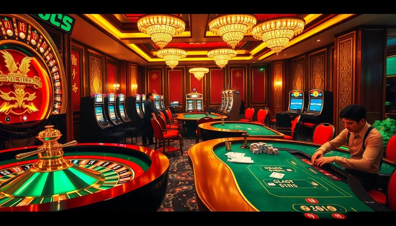 Experience thrilling gameplay at luongsontv60com with vibrant casino scenes featuring roulette and poker tables.